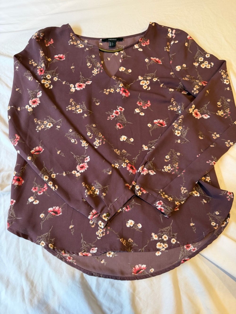Forever 21 Plum Floral V-Neck Long Sleeve Blouse